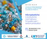 L'immagine presenta una grafica pulita con toni azzurri e bianchi, accompagnata da una foto di piccoli frammenti di plastica colorata. In calce sono presenti i loghi della Camera di Commercio Maremma e Tirreno, del Laboratorio Chimico CCIAA Torino e del Portale Etichettatura e Sicurezza Prodotti.