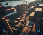 Veduta dall'alto di un porto commerciale con container colorati, operatori con caschi protettivi e un camion, illuminati dalla luce calda del sole.