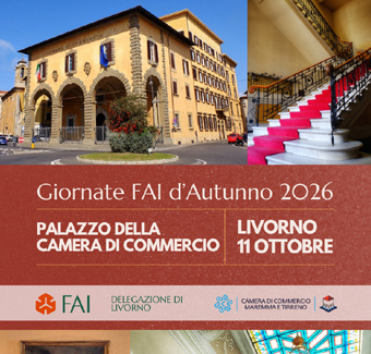 Locandina delle Giornate FAI d'Autunno 2026 per la visita al Palazzo della Camera di Commercio di Livorno l'11 ottobre. In alto sono mostrate la facciata esterna dello storico edificio e un maestro scalone interno con moquette rossa. In basso figurano i loghi del FAI - Delegazione di Livorno e della Camera di Commercio Maremma e Tirreno.