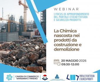 L'immagine mostra a sinistra un cantiere edile con macerie in primo piano e gru sullo sfondo, e a destra le informazioni testuali su sfondo bianco con accenti grafici azzurri.