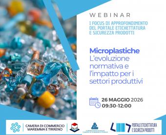 L'immagine presenta una grafica pulita con toni azzurri e bianchi, accompagnata da una foto di piccoli frammenti di plastica colorata. In calce sono presenti i loghi della Camera di Commercio Maremma e Tirreno, del Laboratorio Chimico CCIAA Torino e del Portale Etichettatura e Sicurezza Prodotti.