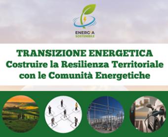 Banner "Energia Sostenibile" sulla transizione energetica e comunità energetiche, con icone di territorio, rete di persone, infrastruttura e auto elettrica.