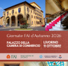 Locandina delle Giornate FAI d'Autunno 2026 per la visita al Palazzo della Camera di Commercio di Livorno l'11 ottobre. In alto sono mostrate la facciata esterna dello storico edificio e un maestro scalone interno con moquette rossa. In basso figurano i loghi del FAI - Delegazione di Livorno e della Camera di Commercio Maremma e Tirreno.