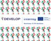 Logo del progetto DEVELOP affiancato al logo Interreg Marittimo-IT FR-Maritime e alla bandiera dell'Unione Europea. Lo sfondo presenta una trama ripetuta di icone stilizzate che rappresentano figure umane intrecciate nei colori verde acqua e rosso.